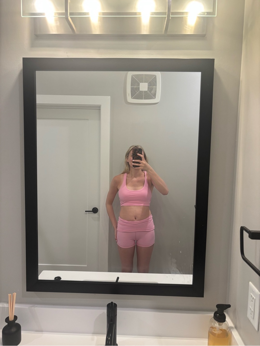 Pink Athletic Sports Bra and Shorts Set